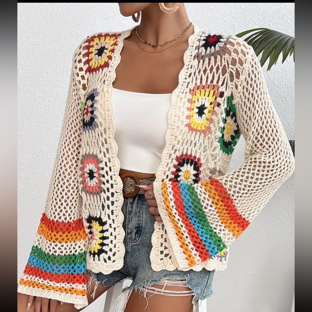 Cream Crochet Open-Front Cardigan with Multicolor Stripes